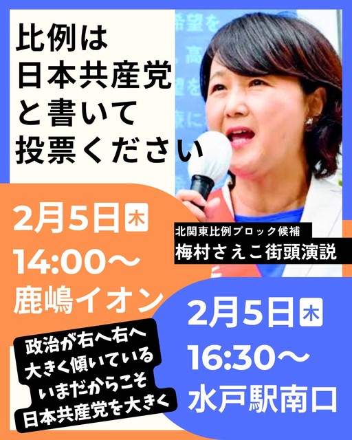 2月5日 梅村さえこ比例候補が訴えます(鹿嶋・水戸)