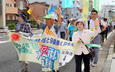 集団的自衛権の行使容認反対や核兵器廃絶、原発ゼロなどをアピールして歩く平和行進参加者=7月1日、水戸市