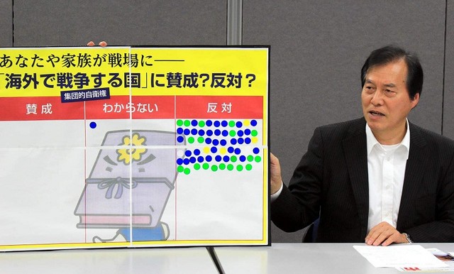 シール投票の結果を示す田谷県委員長=4月17日、県庁記者クラブ