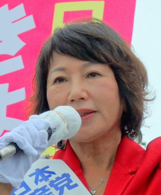 「選挙区は小林きょう子に、比例は日本共産党に」と訴える小林きょう子候補=7月9日、水戸市