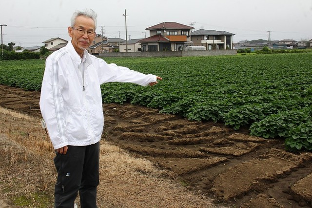 「ゴードン事件」の現場を示す辻井さん。サツマイモ畑が当時と変わらず広がっている