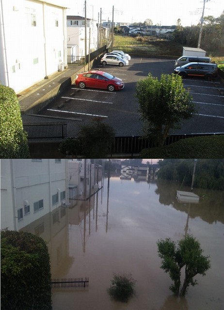 2015年9月11日の朝、自宅2階から撮った湖となっている家の周りの状況と水害後の同じ場所の風景